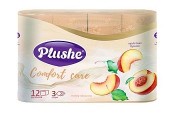 Туалетная бумага 3-слойная "Plushe Comfort care"(упаковка 4 рулона ?м) Персик 12 шт. Туалетная бумага 3-слойная "Plushe Comfort care"(упаковка 4 рулона ?м) Персик 12 шт.