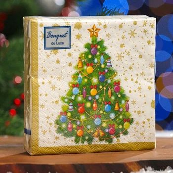 Салфетки бумажные DESNA BOUQUET de luxe НГ "Новогодняя ель на белом" 24*24 3-слойные 25листов/15шт Салфетки бумажные DESNA BOUQUET de luxe НГ "Новогодняя ель на белом" 24*24 3-слойные 25листов/15шт