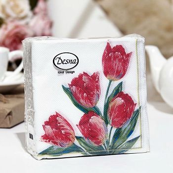 Салфетки бумажные DESNA DESIGN "Красные тюльпаны" 24*24 1-слойные 40листов/32шт