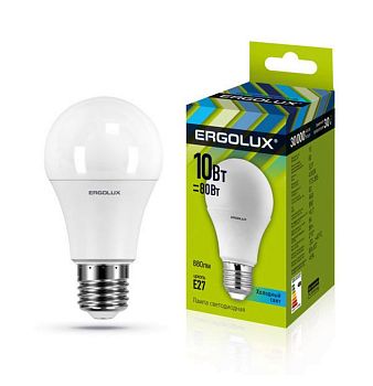 Лампа светодиодная Ergolux ЛОН A60 E27 10W(880lm 270°) 4500K матов. 110x60 пластик/алюм. LED-A60-10W-E27-4K