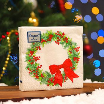 Салфетки бумажные DESNA BOUQUET de luxe НГ "Венок с бантиком" 24*24 3-слойные 25листов/15шт Салфетки бумажные DESNA BOUQUET de luxe НГ "Венок с бантиком" 24*24 3-слойные 25листов/15шт