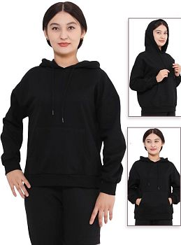 Толстовка ЖЕН. САМО начес,капюшон,черная 17047 р.M-3XL 5/60 *