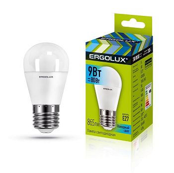Лампа светодиодная Ergolux шар G45 E27 9W(780lm 220°) 4500K матовая 88x45 пластик/алюм. LED-G45-9W-E27-4K