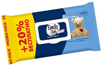 Салфетки влажные Emily Style (уп 100шт + 20шт) детские с клапаном 6390/8002 1/12