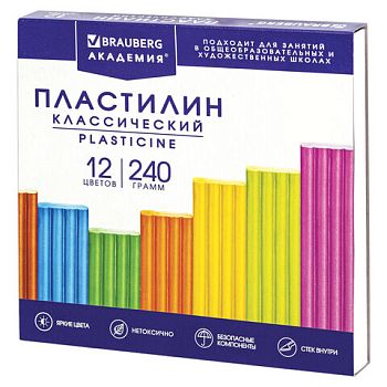 Пластилин 12 цветов "АКАДЕМИЯ КЛАССИЧЕСКАЯ" BRAUBERG 240г со стеком 1/8