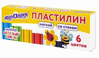 Пластилин  6 цветов МЯГКИЙ " Веселый шмель " Юнландия 90г,со стеклом 1/14