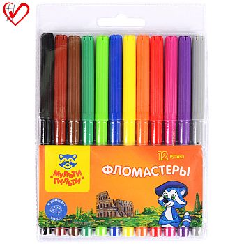 Фломастеры 12 цветов " Енот в Италии " смываемые картонная упаковка 24 шт 10726