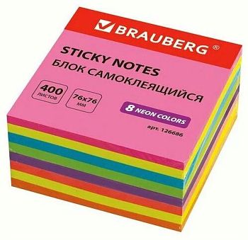 Самоклеящийся блок 76*76мм 400л BRAUBERG неоновый 8цв. 1шт/12