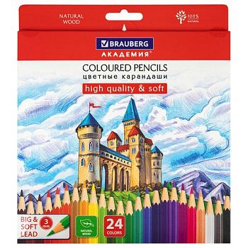 Карандаши 24цв "АКАДЕМИЯ" BRAUBERG мягкие грифель 3мм 1/3