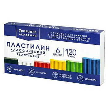 Пластилин  6цв "АКАДЕМИЯ КЛАССИЧЕСКАЯ" BRAUBERG 120г,стек. 1/16