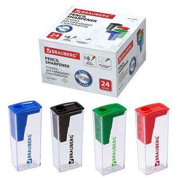 Точилка пластиковая BRAUBERG Assistant с контейнером ассорти 1/18шт