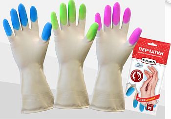 Перчатки виниловые особопрочные (3цвета) "М" 2шт Komfi 12/72