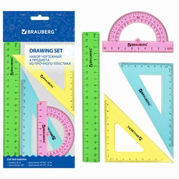 Набор чертежный Brauberg Crystal, средний (лин 20см, 2 треуг., трансп), цветной /?