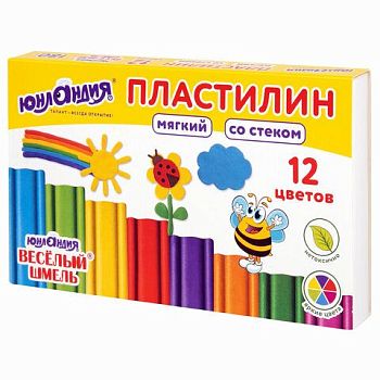 Пластилин 12 цветов МЯГКИЙ "Веселый шмель" Юнландия 180г,со стеком 1/8