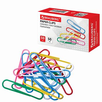 Скрепки 50мм BRAUBERG цветные 50шт