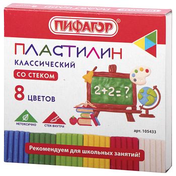 Пластилин  8 цветов " Школьный " ПИФАГОР 180г со стеклом 1/20