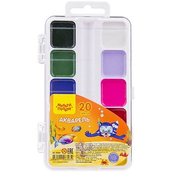 Акварель 20 цветов " Енот в Красном море " пластиковая упаковка без кисти АП10707