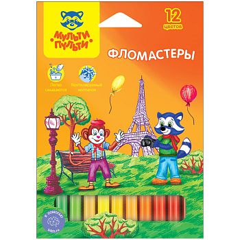 Фломастеры 12 цветов " Енот во Франции " смываемые картонная упаковка WP_10716