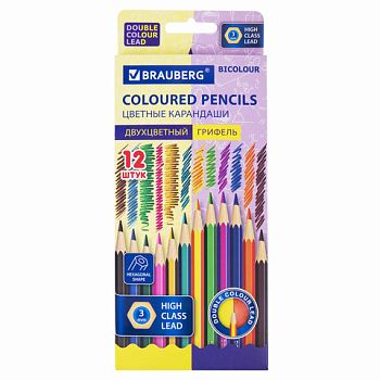 Карандаши 12 цветов "BRAUBERG BICOLOR" с двухцветным грифелем 1/4шт