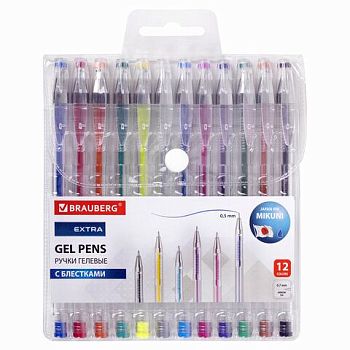 Набор гелевых ручек 12 цветов Блестки BRAUBERG Extra 0,7мм 143909