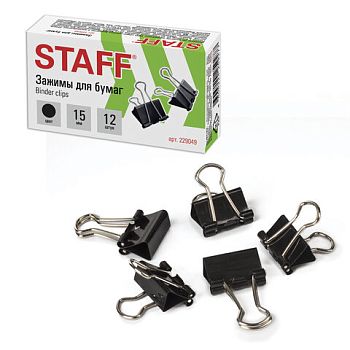 Зажим для бумаг 15 мм STAFF EVERYDAY 12шт черные