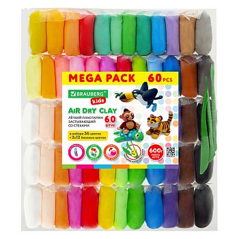 Пластилин  60шт 36цв+2*12БАЗОВЫЕ) легкий воздушный BRAUBERG KIDS 600г,3 стека 1/ 106311