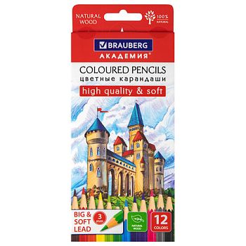 Карандаши 12 цветов "АКАДЕМИЯ" BRAUBERG мягкие грифель 3 мм 1/6