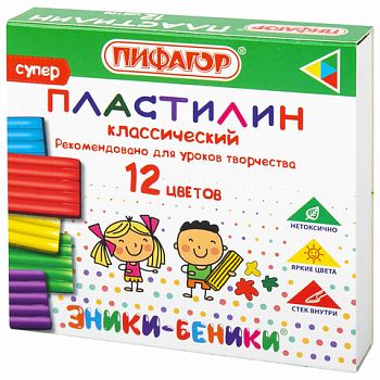 Пластилин 12 цветов " ЭНИКИ-БЕНИКИ СУПЕР " ПИФАГОР 120г со стеком 1/12